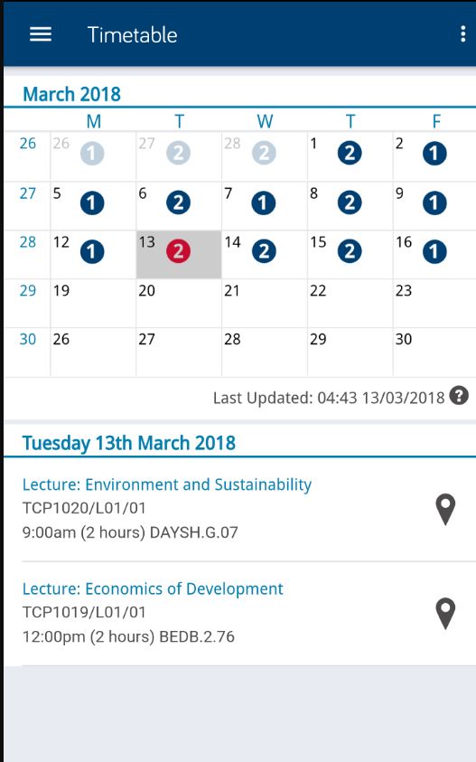 Timetable app on mobile phone 